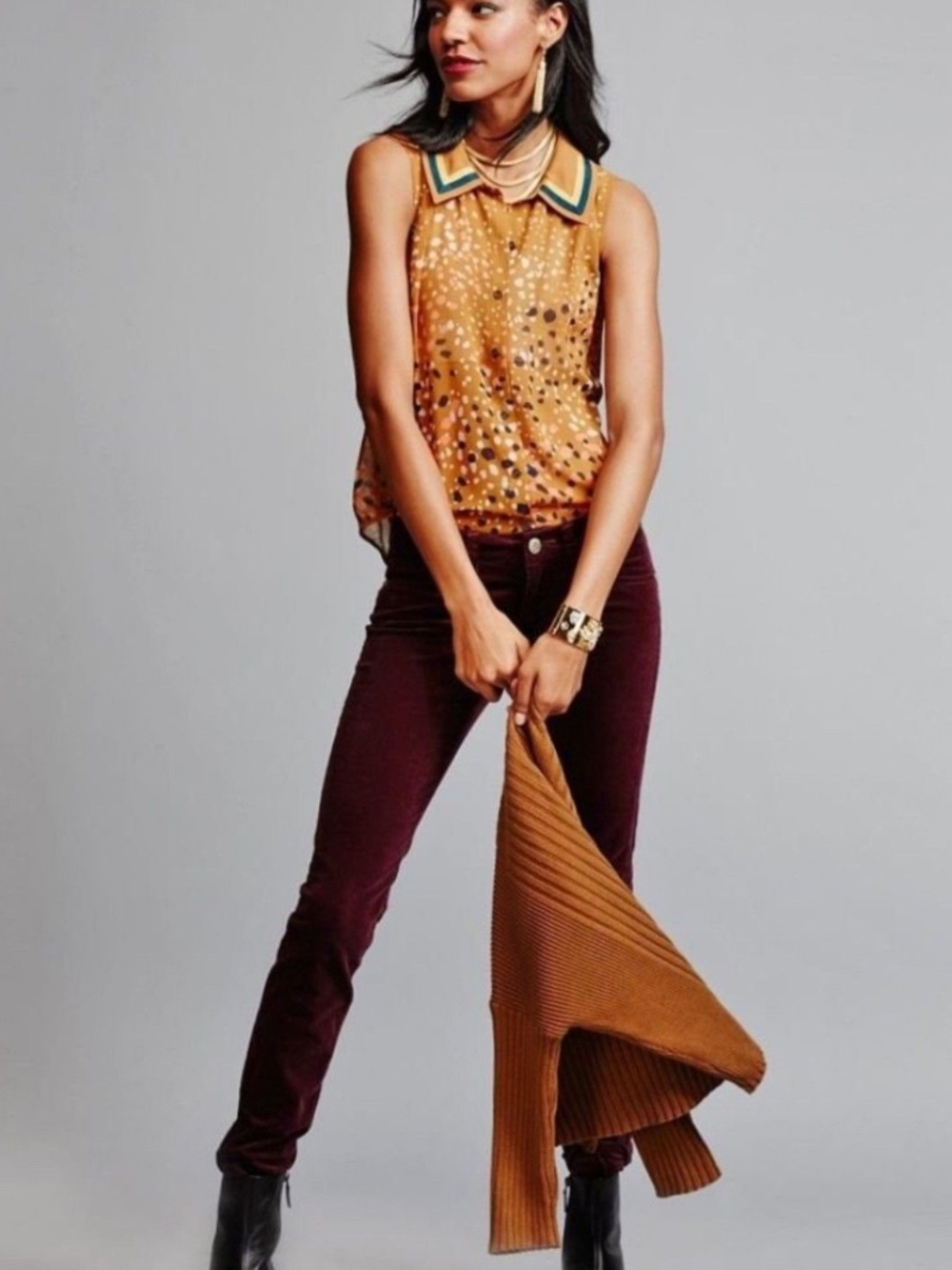Cabi Collared Sleeveless Blouse Abstract Polka Dot Print Tank Top Brown